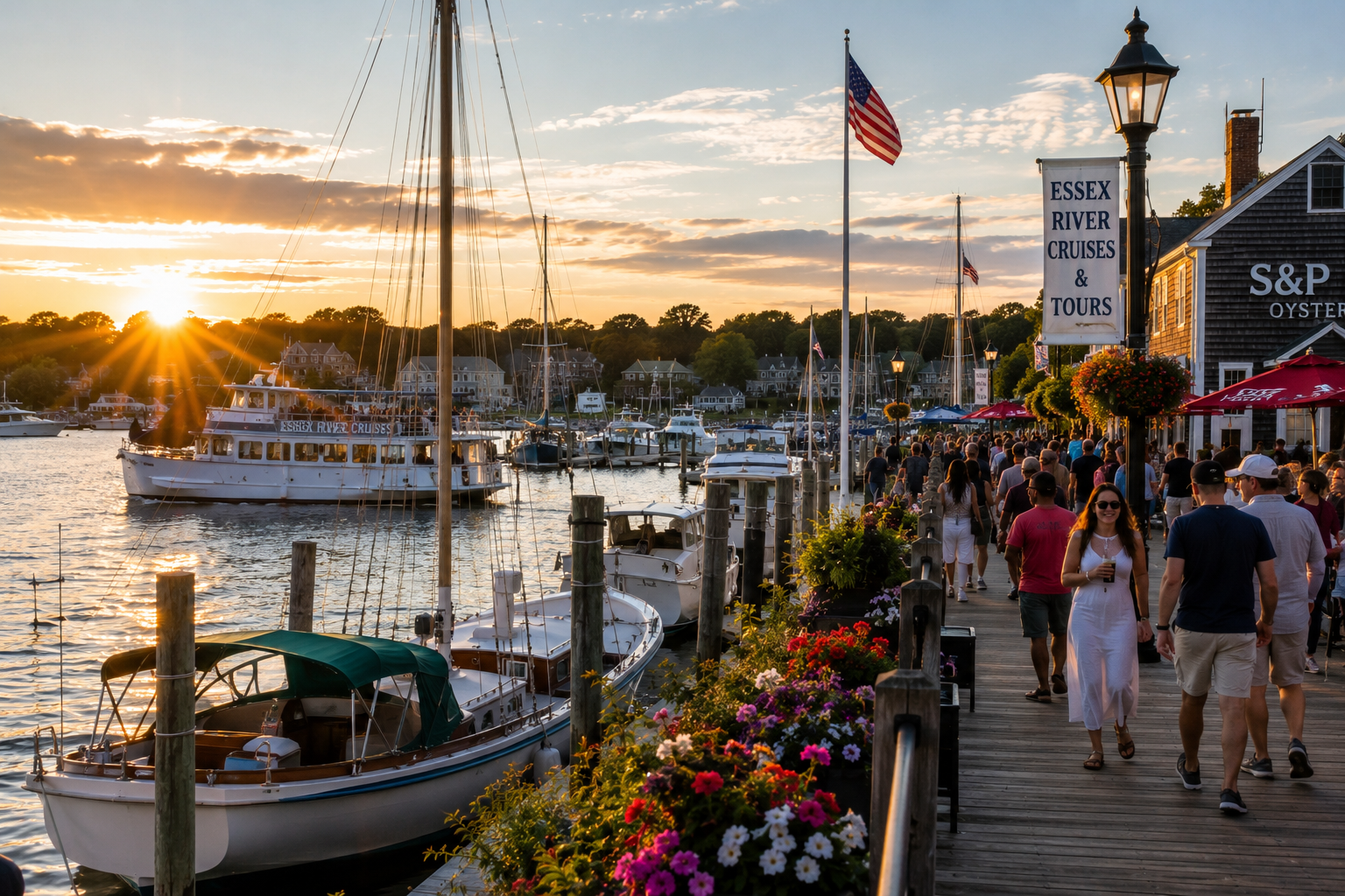 Coastal New England waterfront with boats, community activity and late summer sunset